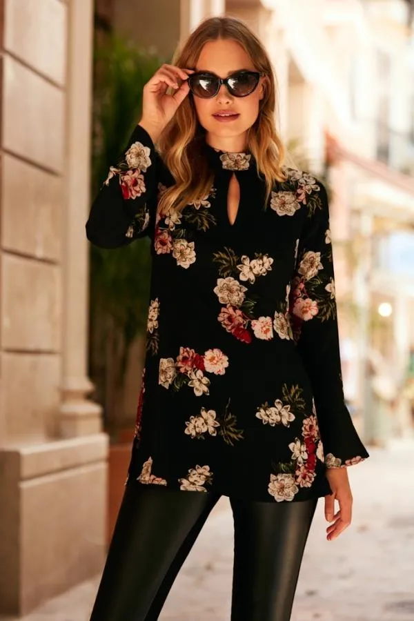 Sosandar Tops Women Black Floral Print Keyhole Detail Fluted Cuff Top Black