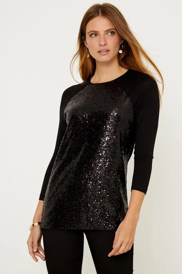 Sosandar Tops Women Black Sequin Front Jersey Top Black