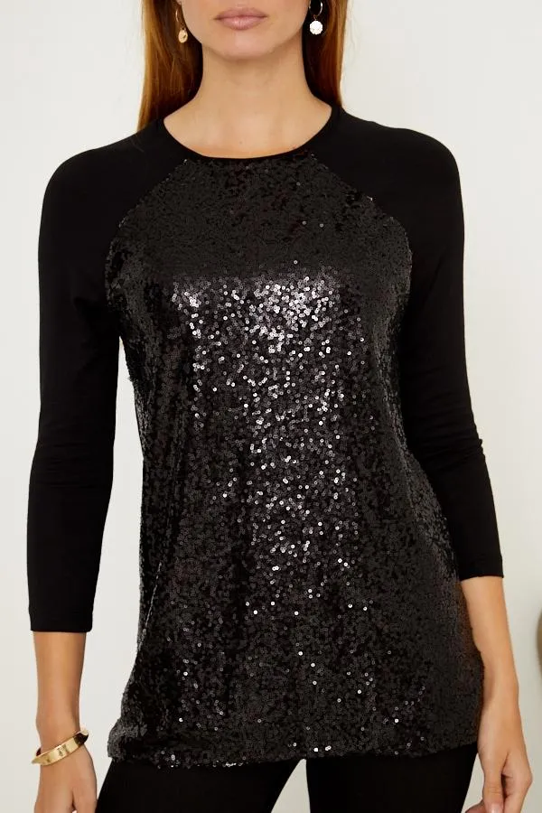 Sosandar Tops Women Black Sequin Front Jersey Top Black