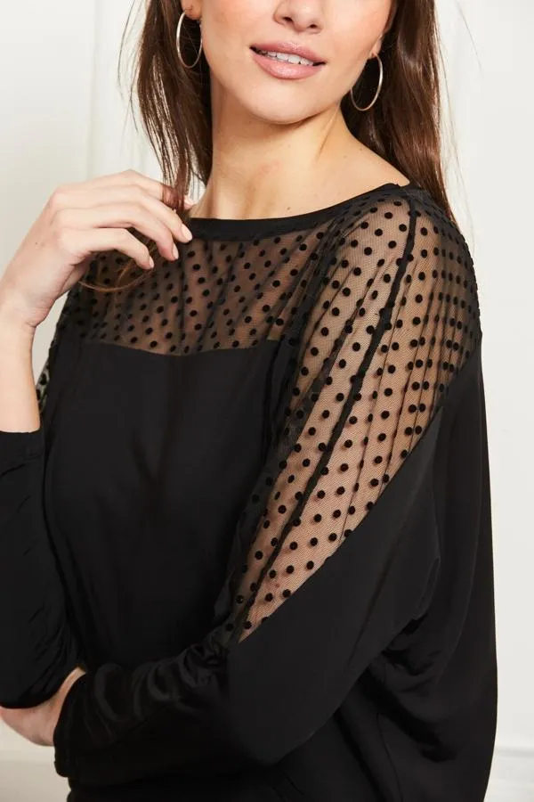 Sosandar Tops Women Black Spot Mesh Panel Jersey Top Black