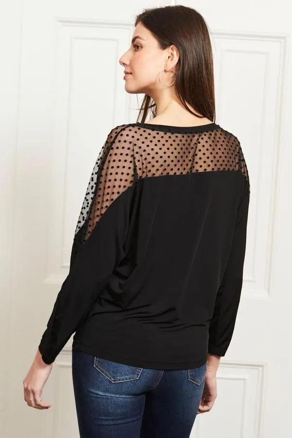 Sosandar Tops Women Black Spot Mesh Panel Jersey Top Black