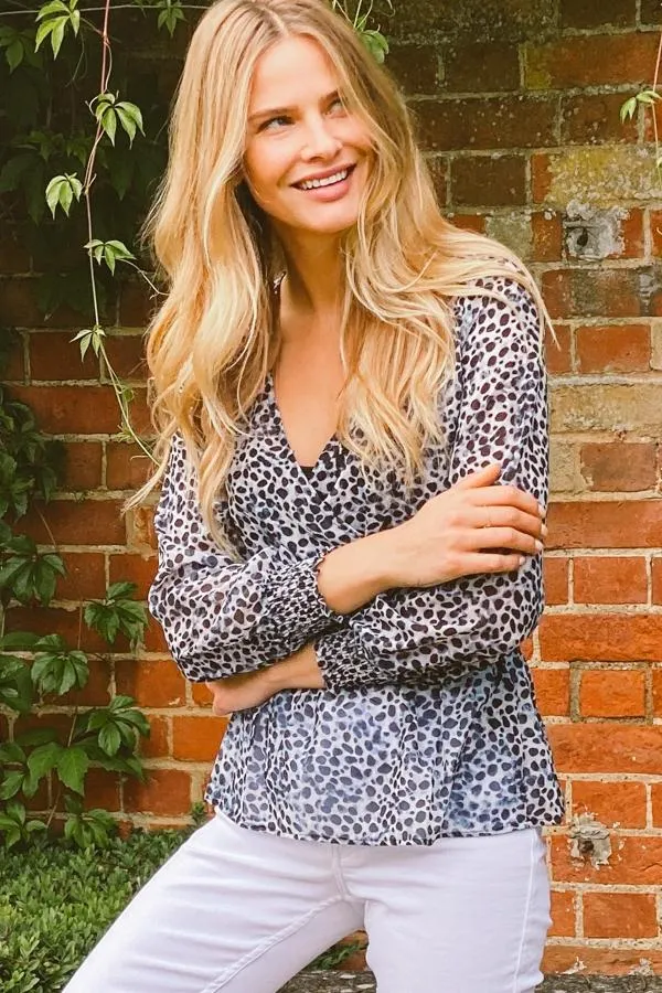 Sosandar Tops Women Grey Animal Spot Print Faux Wrap Top Grey