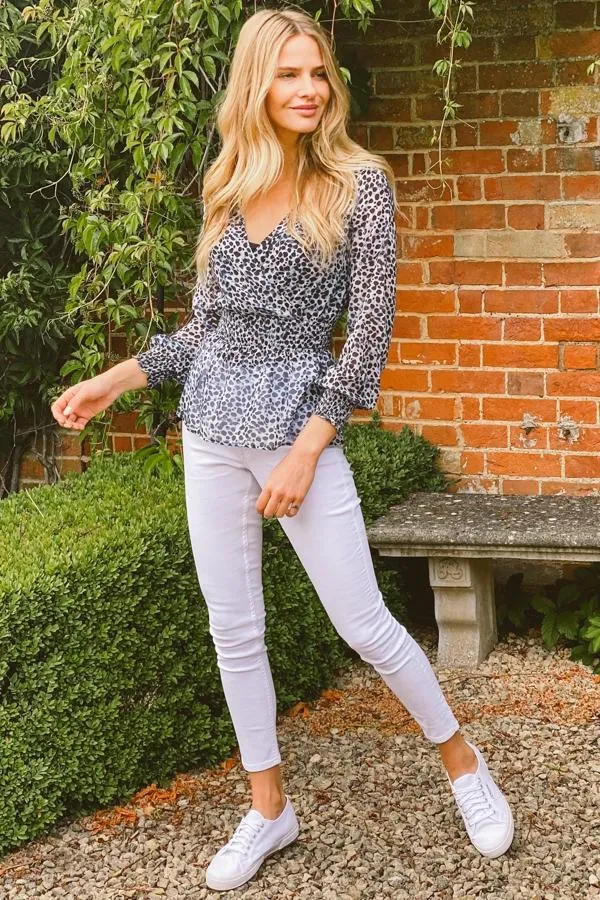 Sosandar Tops Women Grey Animal Spot Print Faux Wrap Top Grey