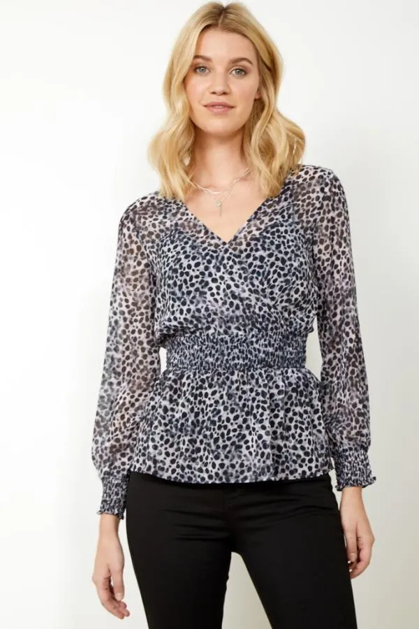 Sosandar Tops Women Grey Animal Spot Print Faux Wrap Top Grey