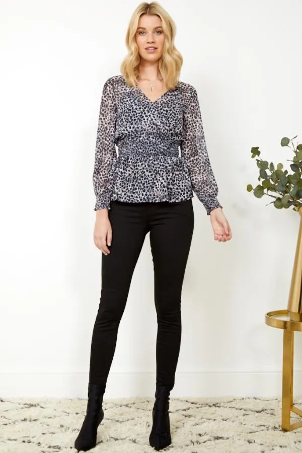 Sosandar Tops Women Grey Animal Spot Print Faux Wrap Top Grey