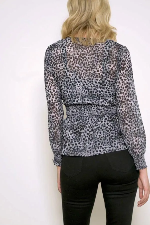 Sosandar Tops Women Grey Animal Spot Print Faux Wrap Top Grey