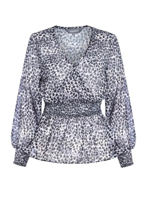 Sosandar Tops Women Grey Animal Spot Print Faux Wrap Top Grey