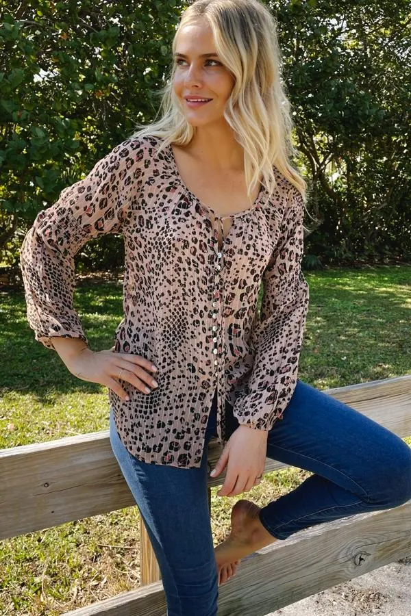 Sosandar Tops Women Leopard Print Button Front Shirred Detail Blouse