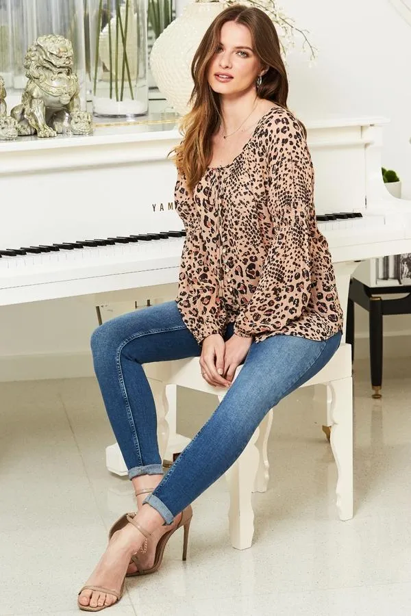 Sosandar Tops Women Leopard Print Button Front Shirred Detail Blouse