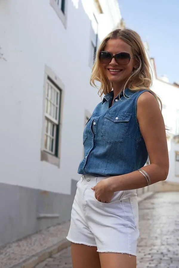 Sosandar Tops Women Mid Blue Sleeveless Denim Shirt Mid Blue