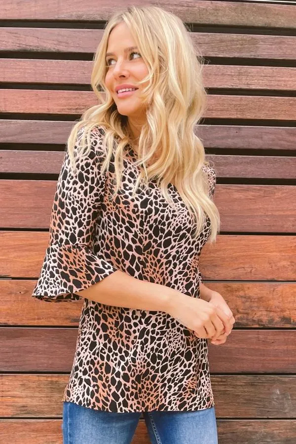 Sosandar Tops Women Mocha and Black Animal Print 34 Sleeve Fluted Cuff Top Black