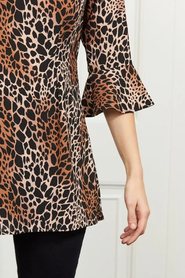 Sosandar Tops Women Mocha and Black Animal Print 34 Sleeve Fluted Cuff Top Black