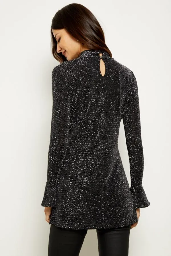 Sosandar Tops Women Pewter Metallic Fluted Sleeve Top
