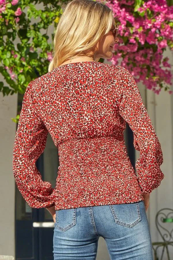 Sosandar Tops Women Red and Black Animal Print Ruched Front Top Red Black