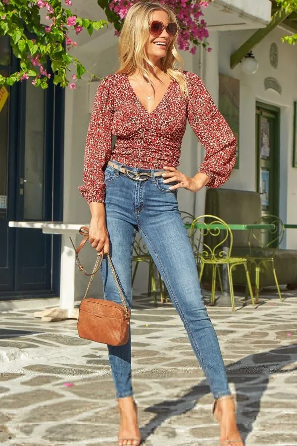 Sosandar Tops Women Red and Black Animal Print Ruched Front Top Red Black