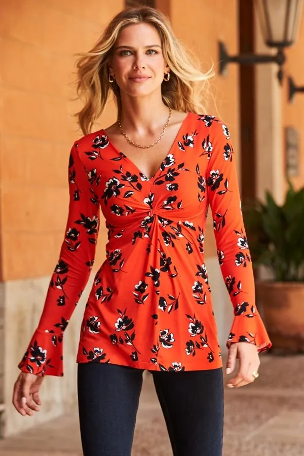Sosandar Tops Women Red and Black Floral Print Fluted Sleeve Twist Front Top Red Black