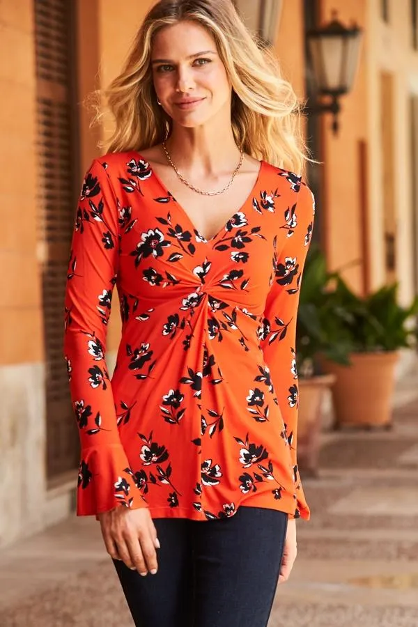 Sosandar Tops Women Red and Black Floral Print Fluted Sleeve Twist Front Top Red Black