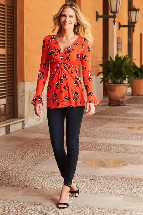 Sosandar Tops Women Red and Black Floral Print Fluted Sleeve Twist Front Top Red Black