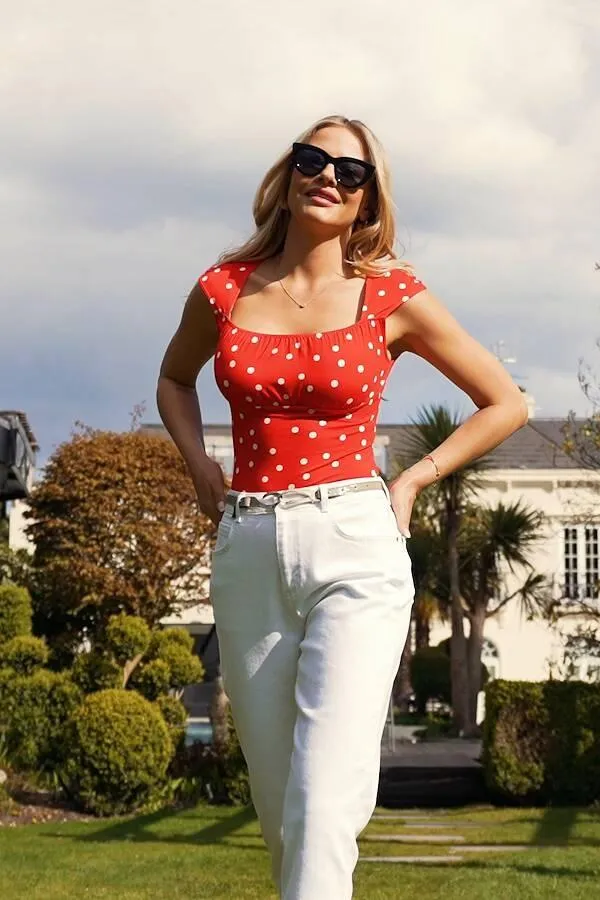 Sosandar Tops Women Red and White Spot Print Square Neck Top Red White