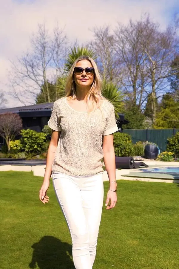 Sosandar Tops Women Rose Gold Sequin Front Relaxed T Shirt Rose Gold