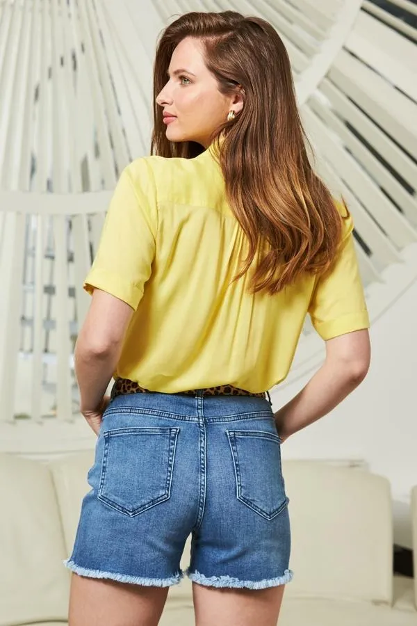 Sosandar Tops Women Sunshine Yellow Button Front Short Sleeve Relaxed Fit Shirt