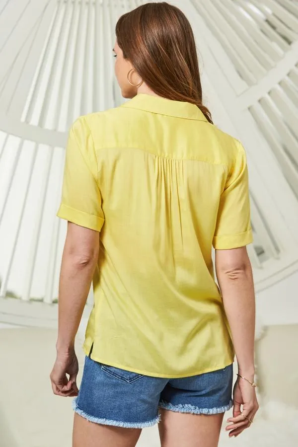 Sosandar Tops Women Sunshine Yellow Button Front Short Sleeve Relaxed Fit Shirt