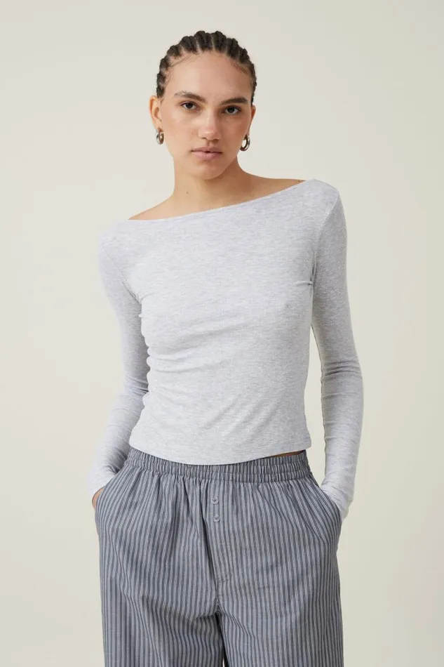 Staple Rib Boat Neck Long Sleeve Top Grey Marle Women Cotton On Tops