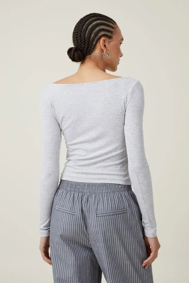 Staple Rib Boat Neck Long Sleeve Top Grey Marle Women Cotton On Tops