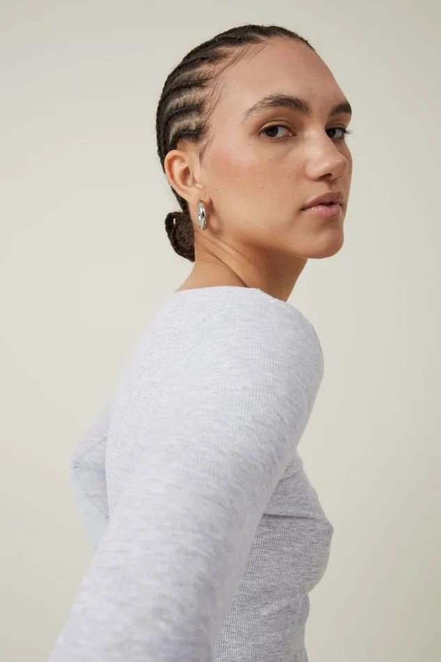 Staple Rib Boat Neck Long Sleeve Top Grey Marle Women Cotton On Tops