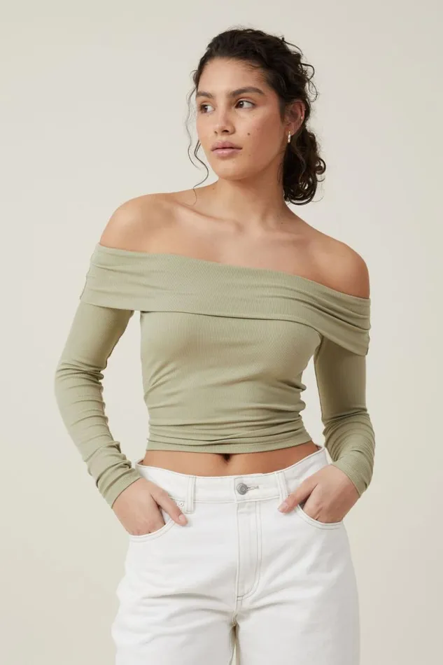 Staple Rib Off Shoulder Long Sleeve Top Desert Sage Women Cotton On Tops