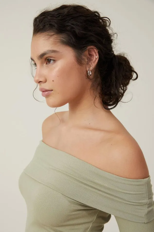 Staple Rib Off Shoulder Long Sleeve Top Desert Sage Women Cotton On Tops