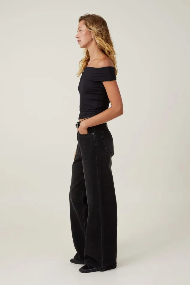 Staple Rib Off The Shoulder Short Sleeve Top Black Women Cotton On Tops