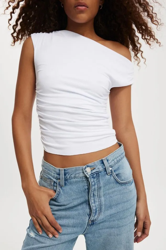 Staple Rib Rouched Short Sleeve Top White Women Cotton On Tops