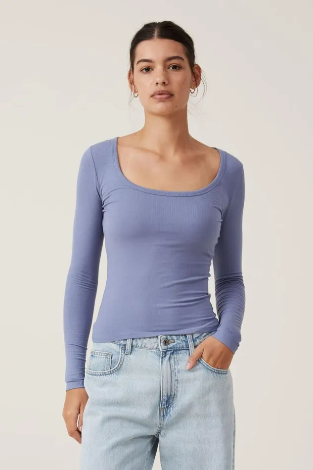 Staple Rib Scoop Neck Long Sleeve Top Elemental Blue Women Cotton On Tops