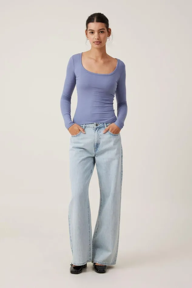 Staple Rib Scoop Neck Long Sleeve Top Elemental Blue Women Cotton On Tops Staple Rib Scoop Neck Long Sleeve Top Elemental Blue Women Cotton On Tops