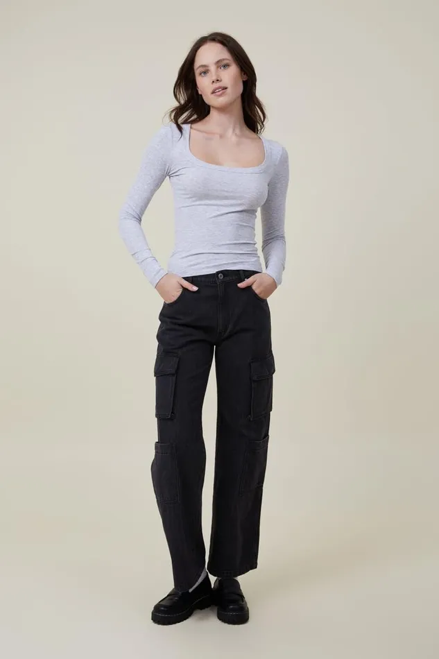 Staple Rib Scoop Neck Long Sleeve Top Grey Marle Women Cotton On Tops
