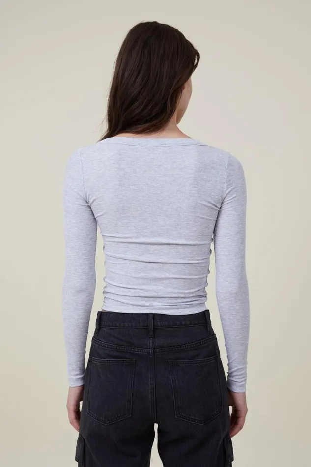 Staple Rib Scoop Neck Long Sleeve Top Grey Marle Women Cotton On Tops