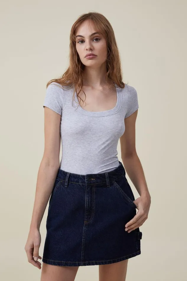 Staple Rib Scoop Neck Short Sleeve Top Grey Marle Women Cotton On Tops