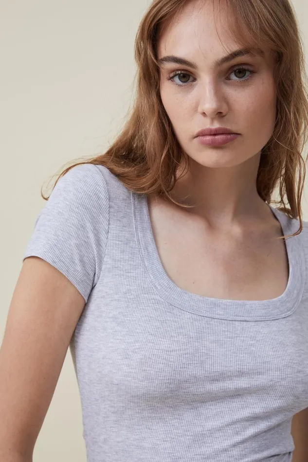 Staple Rib Scoop Neck Short Sleeve Top Grey Marle Women Cotton On Tops