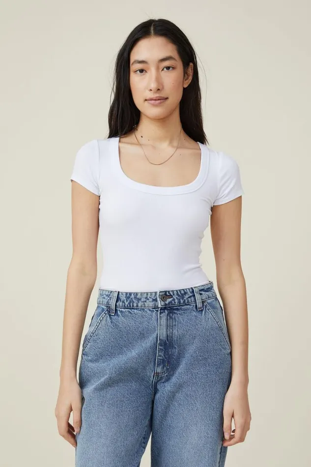 Staple Rib Scoop Neck Short Sleeve Top White Women Cotton On Tops