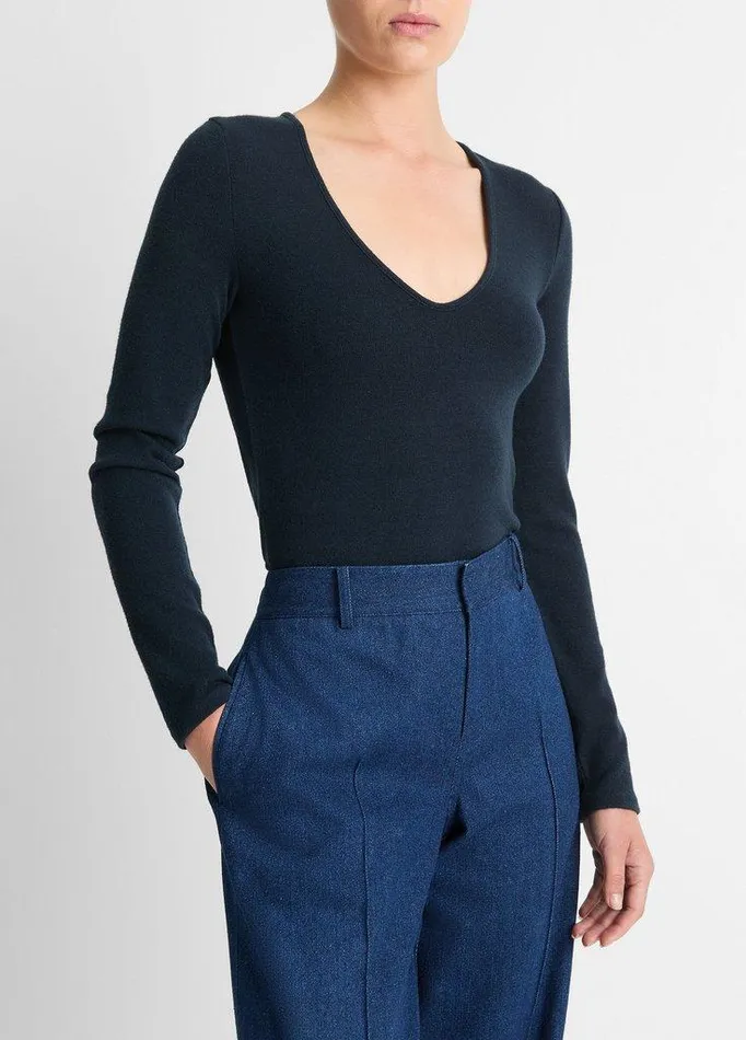 TShirts Women Vince Cozy LongSleeve VNeck Top Heather Deep Ocean TShirts Women Vince Cozy LongSleeve VNeck Top Heather Deep Ocean