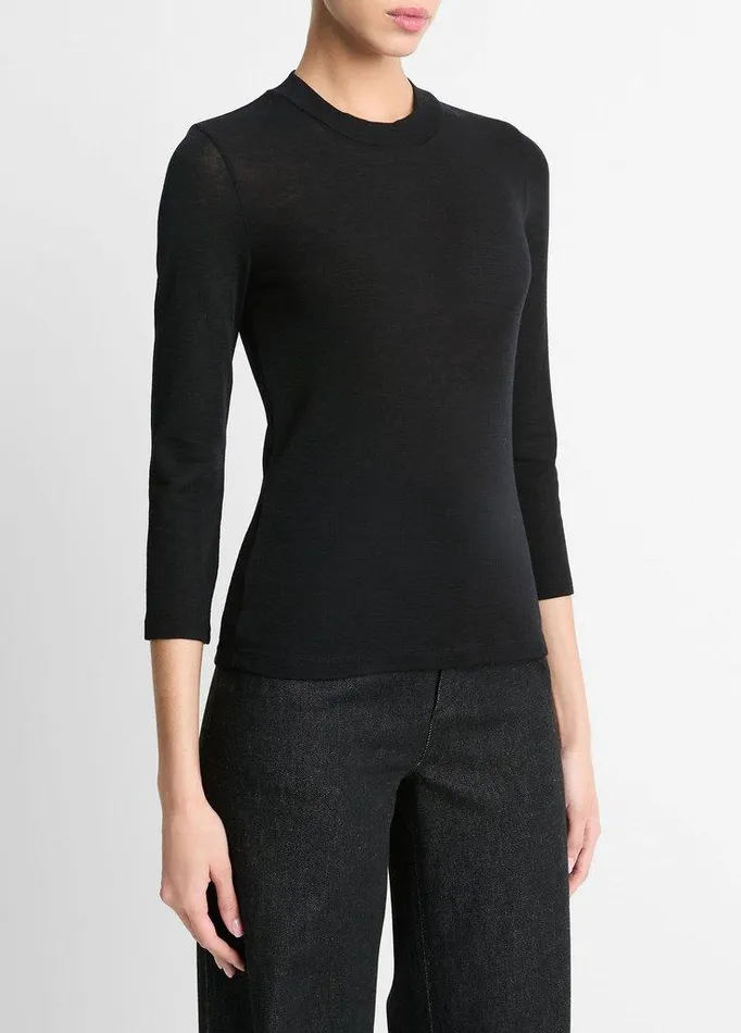 TShirts Women Vince Wool ThreeQuarterSleeve MockNeck Top Black TShirts Women Vince Wool ThreeQuarterSleeve MockNeck Top Black