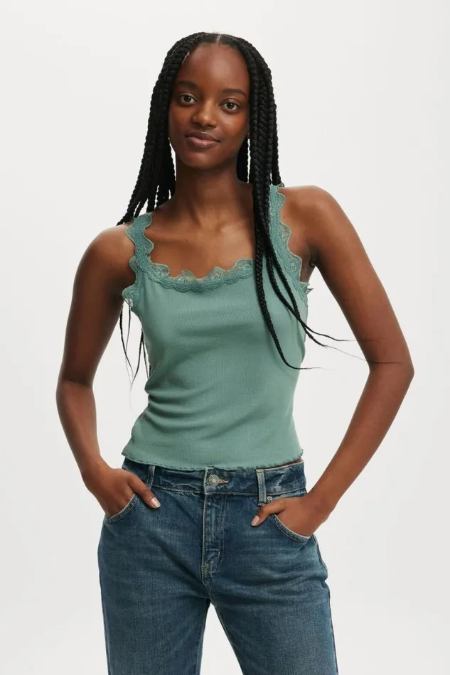 Tibby Lace Trim Tank Jaded Green Women Cotton On Tops