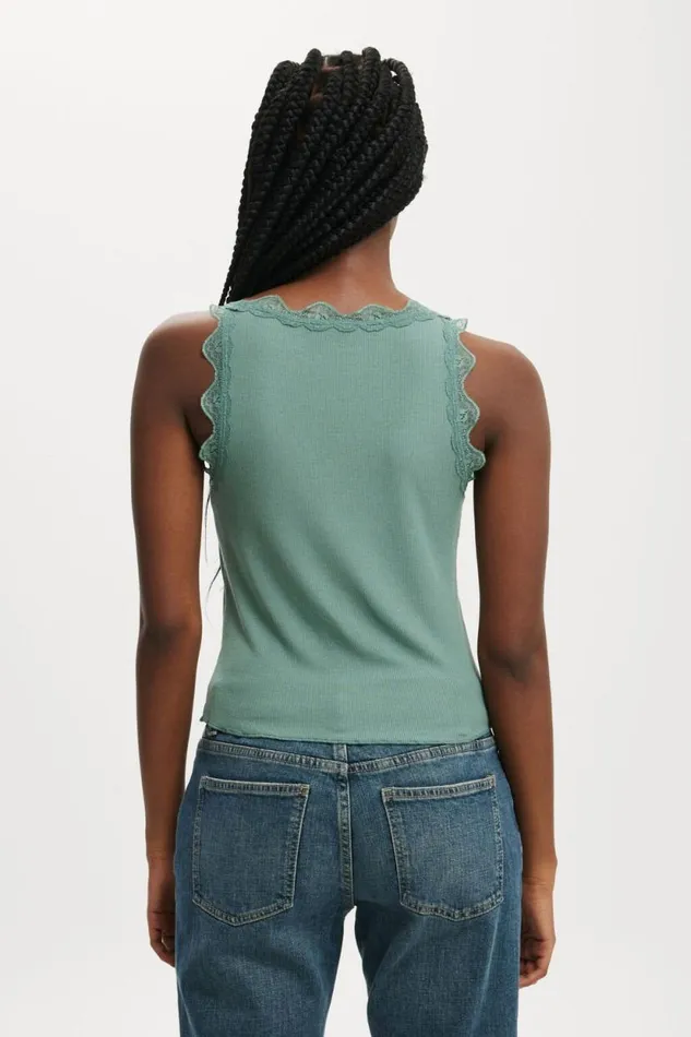 Tibby Lace Trim Tank Jaded Green Women Cotton On Tops