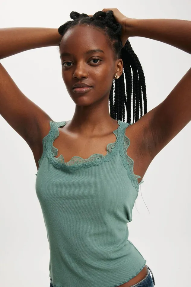 Tibby Lace Trim Tank Jaded Green Women Cotton On Tops