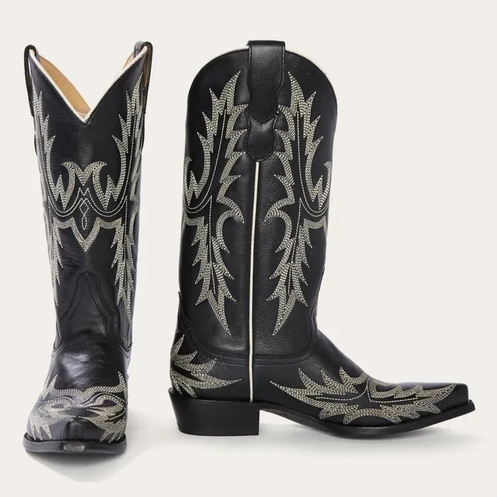 Tina Black and White Flame Embroidered Cowboy Boot Black Women Stetson Western Tina Black and White Flame Embroidered Cowboy Boot Black Women Stetson Western