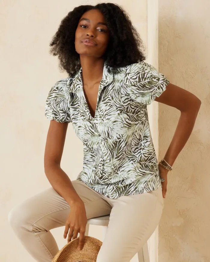 Tommy Bahama Nova Wave Monstera Mirage PuffSleeve Top Tea Leaf Women Tops and Shirts Tommy Bahama Nova Wave Monstera Mirage PuffSleeve Top Tea Leaf Women Tops and Shirts