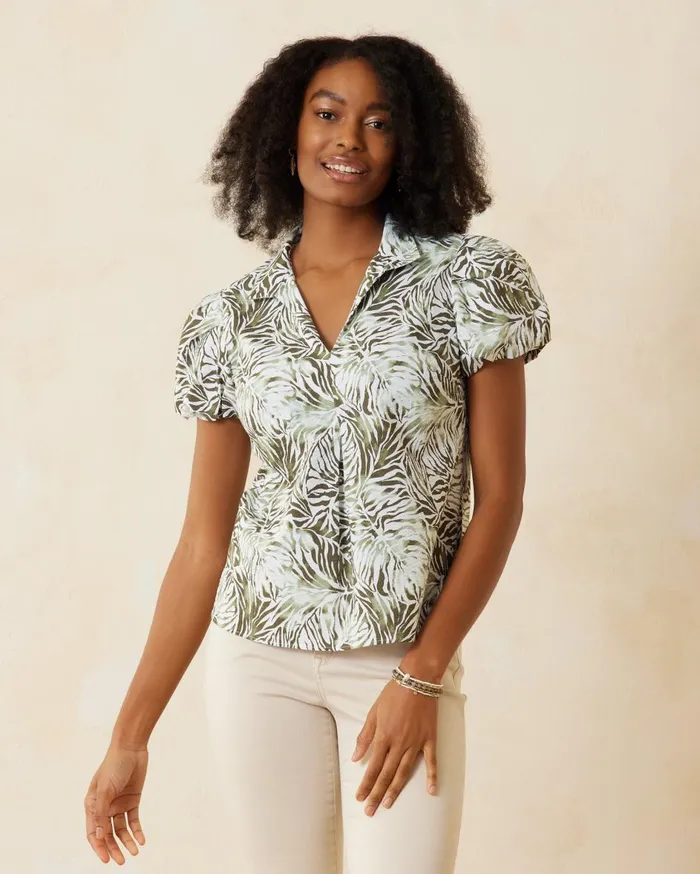 Tommy Bahama Nova Wave Monstera Mirage PuffSleeve Top Tea Leaf Women Tops and Shirts Tommy Bahama Nova Wave Monstera Mirage PuffSleeve Top Tea Leaf Women Tops and Shirts