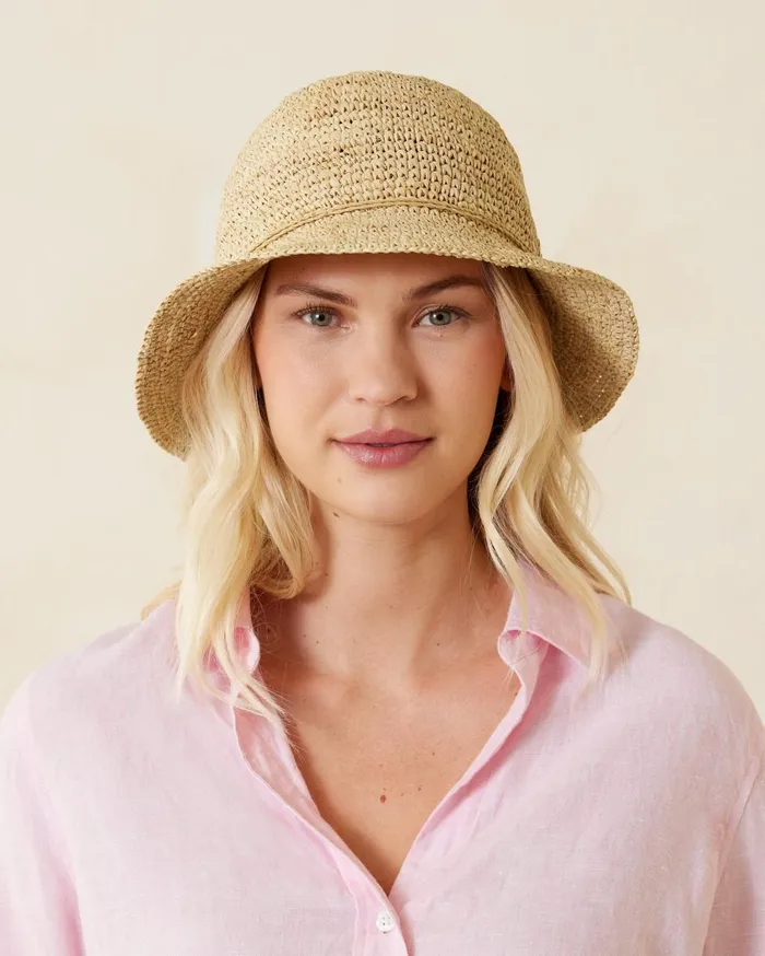 Tommy Bahama Packable Raffia Bucket Hat Deep Water Blue Women Hats and Caps