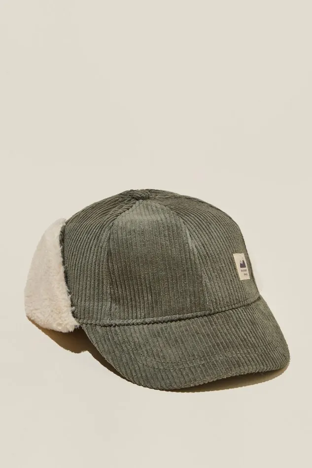 Tommy Trapper Cap Swag Green Cord GirlsBoys Cotton On Hats and Beanies